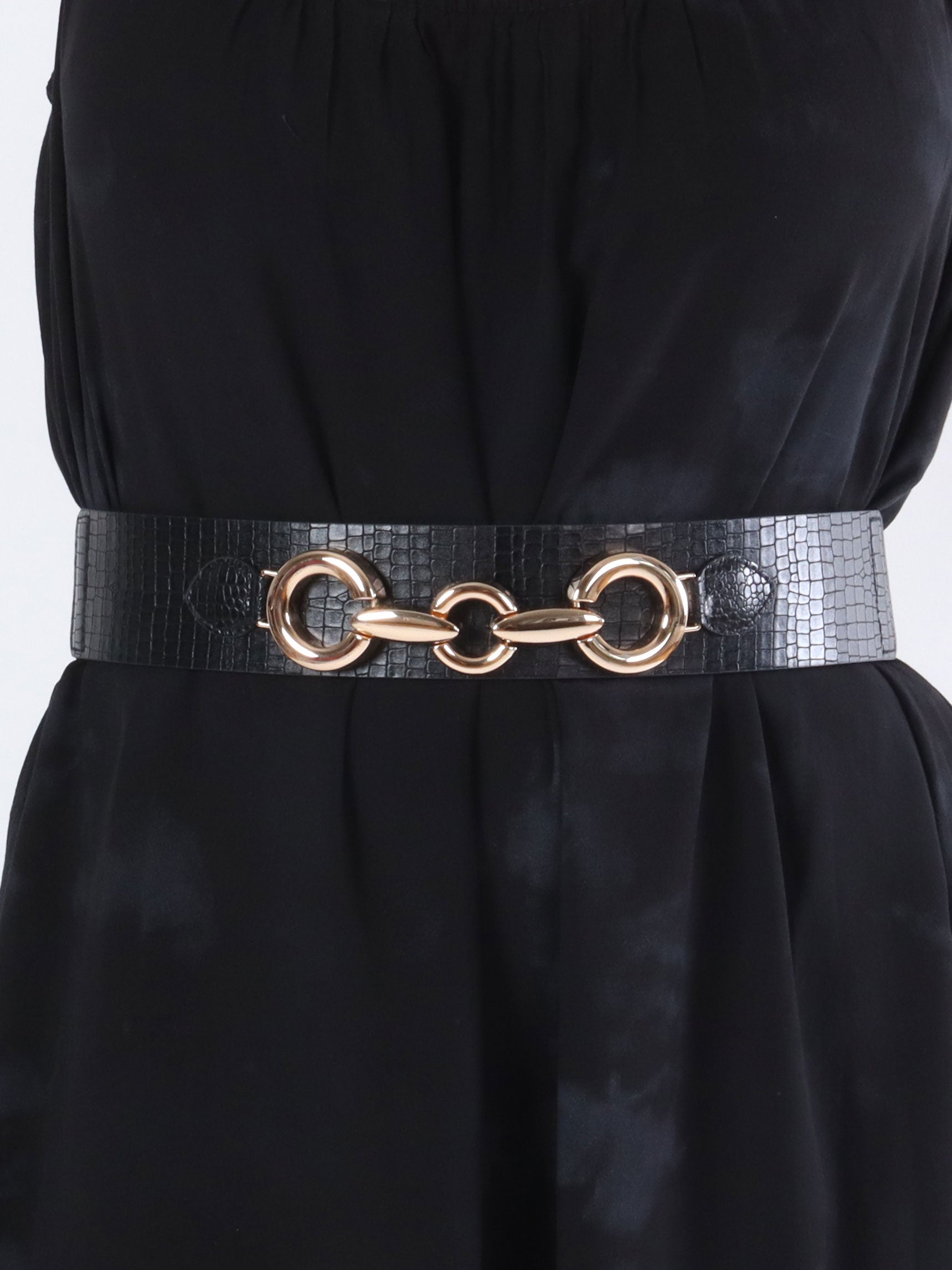 Gina - Sort elastisk taljebælte med guldspænde